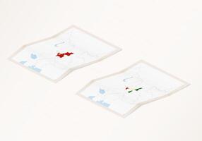 Two versions of a folded map of Tajikistan with the flag of the country of Tajikistan and with the red color highlighted. vector