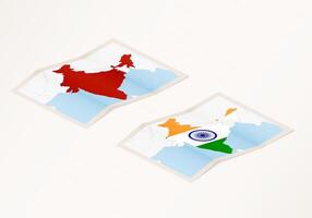 Two versions of a folded map of India with the flag of the country of India and with the red color highlighted. vector