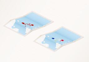 Two versions of a folded map of Philippines with the flag of the country of Philippines and with the red color highlighted. vector