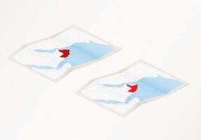 Two versions of a folded map of Oman with the flag of the country of Oman and with the red color highlighted. vector