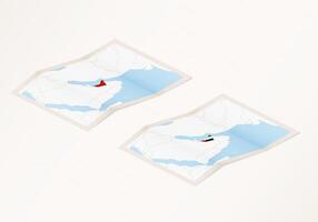 Two versions of a folded map of United Arab Emirates with the flag of the country of United Arab Emirates and with the red color highlighted. vector