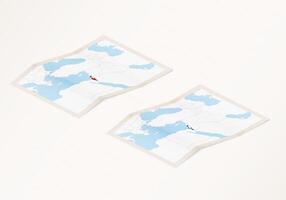 Two versions of a folded map of Israel with the flag of the country of Israel and with the red color highlighted. vector
