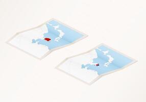 Two versions of a folded map of South Korea with the flag of the country of South Korea and with the red color highlighted. vector