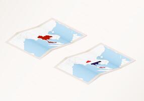 Two versions of a folded map of Thailand with the flag of the country of Thailand and with the red color highlighted. vector