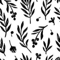 Floral leaf seamless black pattern background. Hand drawn crayon abstract texture paint tree leaf seamless brush pattern. Black, white texture leaves floral print. vector