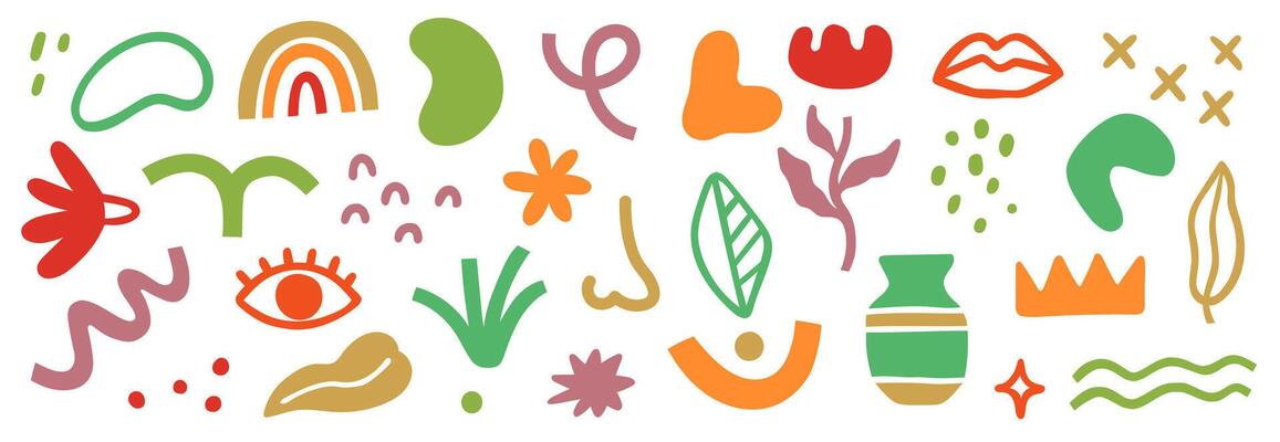 Abstract blob shape doodle set element. Geometric abstract flower, blob face, organic doodle modern shape. Creative graphic design playful, cute color poster elements.