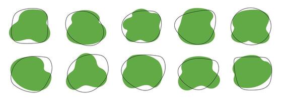 Organic blob shape, abstract green color amoeba, irregular fluid element set. Simple flat abstract splodge, amoeba blob figure, liquid shape graphic design element. vector