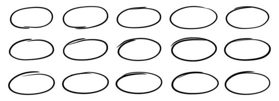 Drawn pen line oval set. Hand drawn marker stroke style doodle oval frame. Scribble round frame for text highlight. Grunge scratch style set. vector