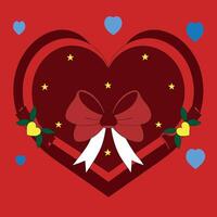Dark red heart with a white bow, roses, and yellow stars on a red background. Valentine's Day illustration vector