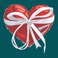 Realistic red heart-shaped balloon with a white ribbon on a teal background. Valentine's Day design vector
