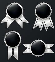 Set of Black and Silver Badges, Conical Emblems, Silver Ribbon, Black Gradient, Collection of Labels vector