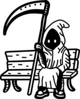 Grim reaper sitting on a bench, icon in doodle style vector