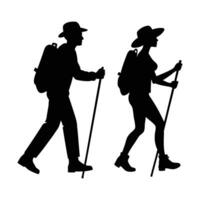 Adventurous Couple Silhouette Hikers Trekking Design for Outdoor Enthusiasts vector