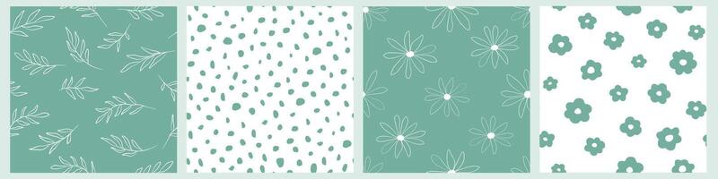 A set of seamless patterns with abstract natural prints with flowers, leaves, spots, daisies. Summer monochrome print. vector