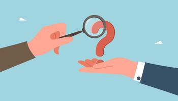 Large hands with loupe analyze question mark vector