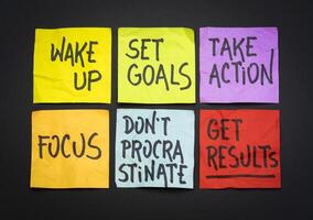 wake up, set goals, take action, get results - set of motivational notes photo