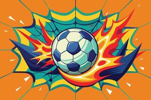 A soccer ball bursting through a net in a vibrant design vector
