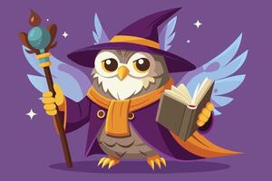 A whimsical wizard owl with a wand and spellbook vector