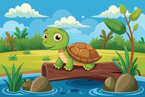 A turtle taking a break on a log in a tranquil pond vector