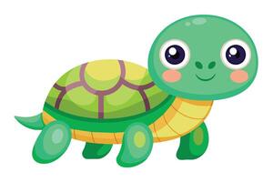Cartoon image of a smiling green turtle with big eyes and a brown and yellow shell. vector
