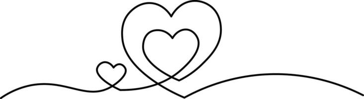 Three hearts and love sign in continuous one line drawing. Love symbol on transparent background. Banner for valentines day. Abstract hearts. Editable stroke, hand drawn sketch minimalism illustration vector