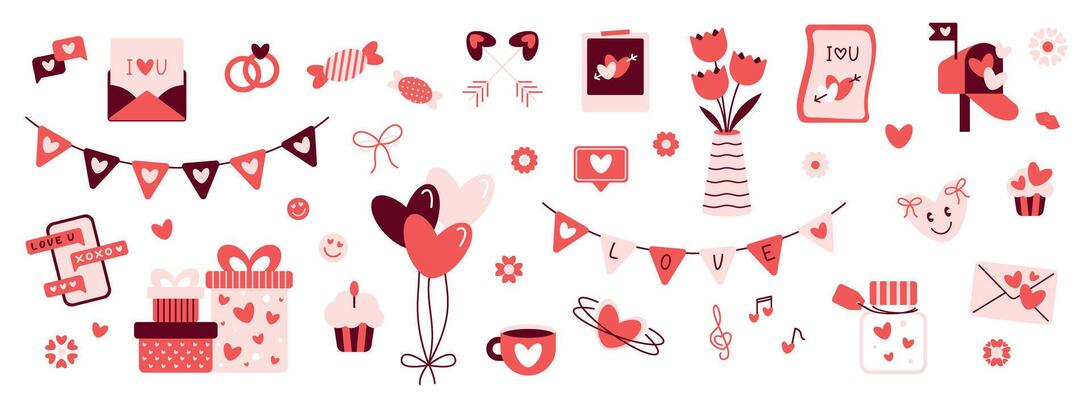 Happy Valentine's Day icon collection. Cute hand drawn love-themed illustrations on transparent background. Hearts, jar, photo frame, gift box, latter, arrows, message, rings. 14 February elements