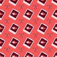 Polaroid Heart and Bow Pattern on Coral Red Background Valentines Day seamless pattern Square backdrop, wedding, packaging, wrapping paper, wallpaper, fabric, textile, holiday template vector