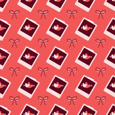 Polaroid Heart and Bow Pattern on Coral Red Background Valentines Day seamless pattern Square backdrop, wedding, packaging, wrapping paper, wallpaper, fabric, textile, holiday template