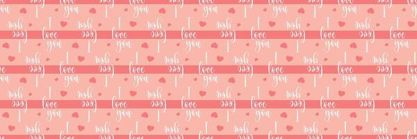 Playful Seamless Pattern with I Love You Calligraphy and Hearts on Peach Background Endless texture for textile, wallpaper, wrapping paper, fabric, packaging Horizontal long banner Valentine's Day vector