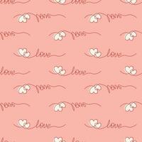 Romantic Seamless Pattern with Intertwined Hearts and Love Calligraphy on Peach Background Endless texture for textile, wallpaper, wrapping paper, fabric, packaging Valentine's Day vector
