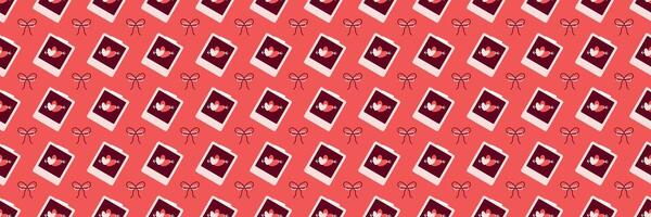 Polaroid Heart and Bow Pattern on Coral Red Background Valentines Day seamless pattern Long horizontal web cover banner, sale header, voucher template. Wedding, packaging, wrapping paper, vector