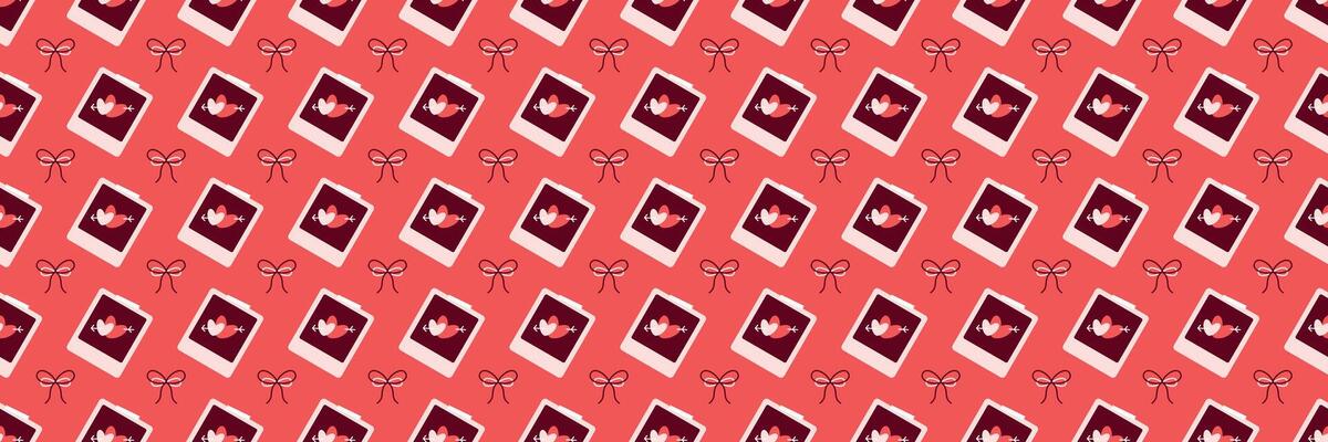 Polaroid Heart and Bow Pattern on Coral Red Background Valentines Day seamless pattern Long horizontal web cover banner, sale header, voucher template. Wedding, packaging, wrapping paper,