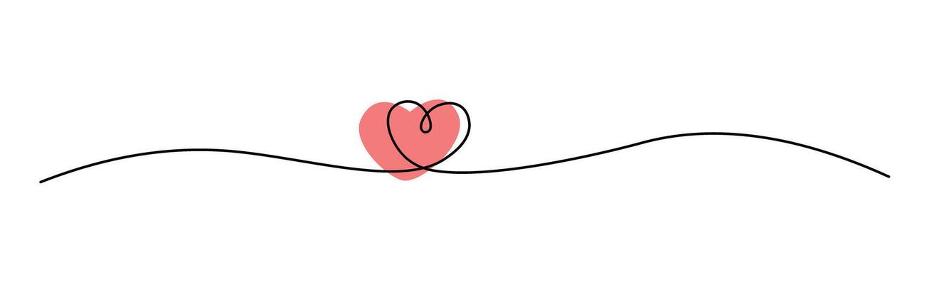 Minimalistic continuous one line drawing of a small heart connected to a flowing black line over a soft pink shape. Perfect for romantic card designs and love-themed projects. Editable stroke