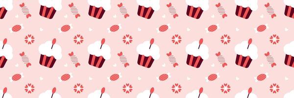 Playful Cupcake and Candy Pattern on Soft Pink Valentines Day seamless pattern Long horizontal web cover banner, sale header, voucher template. Wedding, packaging, wrapping paper, vector
