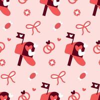 Whimsical Valentines Pattern with Mailboxes, Rings, and Candy Valentines Day seamless pattern Square backdrop, wedding, packaging, wrapping paper, wallpaper, fabric, textile, holiday template vector