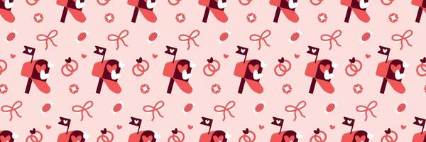 Whimsical Valentines Pattern with Mailboxes, Rings, and Candy Valentines Day seamless pattern Long horizontal web cover banner, sale header, voucher template. Wedding, packaging, wrapping paper, vector