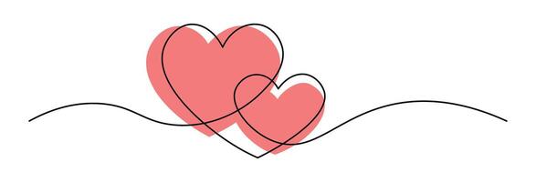 Two interconnected hearts in continuous one line drawing style on a flowing black line. Perfect for Valentines Day, romantic celebrations, and minimalist love-themed designs. Editable stroke vector