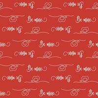 Romantic red seamless pattern with Be Mine cursive text, intertwined hearts, and decorative swirls in white. Endless texture for textile, wallpaper, wrapping paper, fabric, packaging Valentine's Day vector