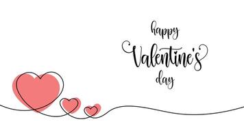 Happy Valentines Day banner with continuous one line drawing of hearts and text. Modern and minimalist style suitable for romantic events, holiday cards, and creative projects. Editable stroke vector