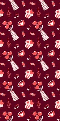 Cozy Romantic Pattern with Tulips, Cupcakes, and Musical Notes on Burgundy Valentines Day seamless pattern Vertical social media stories reels design element, 14 February, anniversary. Vertical poster