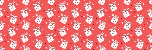 Adorable Jar of Hearts Pattern on a Coral Red Background Valentines Day seamless pattern Long horizontal web cover banner, sale header, voucher template. Wedding, packaging, wrapping paper, vector
