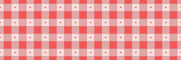 Striped Gingham Pattern with Hearts in Coral and Pink Valentines Day seamless pattern Long horizontal web cover banner, sale header, voucher template. Wedding, packaging, wrapping paper, vector