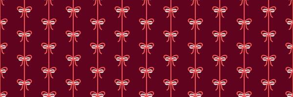 Elegant Bow and Ribbon Pattern on Deep Burgundy Background Valentines Day seamless pattern Long horizontal web cover banner, sale header, voucher template. Wedding, packaging, wrapping paper, vector