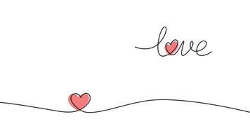 Continuous one line drawing of the word love with a pink heart seamlessly integrated into the design. Perfect for romantic projects, holiday banners, and minimalist graphic needs. Editable stroke vector