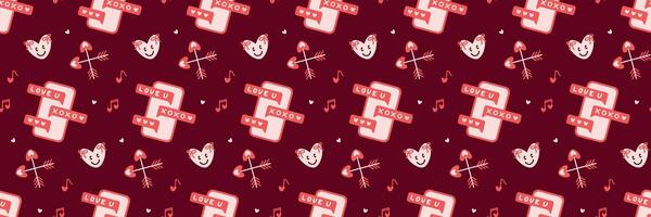 Romantic Messaging Pattern with Hearts, Arrows and Text Messages on Burgundy Valentines Day seamless pattern Long horizontal web cover banner, sale header, voucher template. Wedding packaging wrapping vector