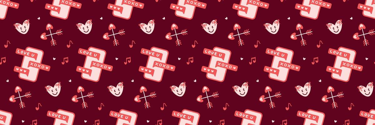 Romantic Messaging Pattern with Hearts, Arrows and Text Messages on Burgundy Valentines Day seamless pattern Long horizontal web cover banner, sale header, voucher template. Wedding packaging wrapping