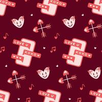 Romantic Messaging Pattern with Hearts, Arrows, and Text Messages on Burgundy Valentines Day seamless pattern Square backdrop, wedding, packaging, wrapping paper, wallpaper, fabric, textile vector