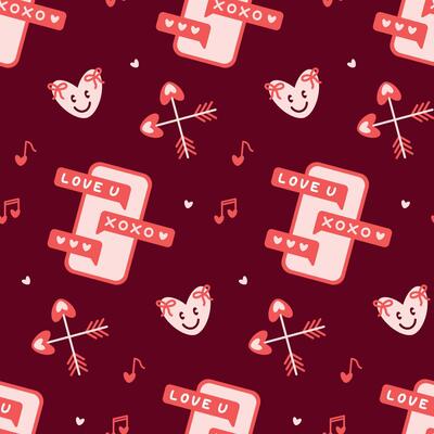 Romantic Messaging Pattern with Hearts, Arrows, and Text Messages on Burgundy Valentines Day seamless pattern Square backdrop, wedding, packaging, wrapping paper, wallpaper, fabric, textile