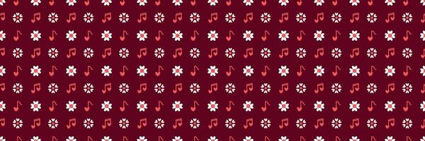 Floral and Musical Heart Pattern on Burgundy Background Valentines Day seamless pattern Long horizontal web cover banner, sale header, voucher template. Wedding, packaging, wrapping paper, vector