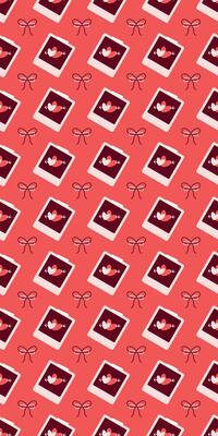 Polaroid Heart and Bow Pattern on Coral Red Background Valentines Day seamless pattern Vertical social media stories reels design element, 14 February and anniversary. Vertical poster